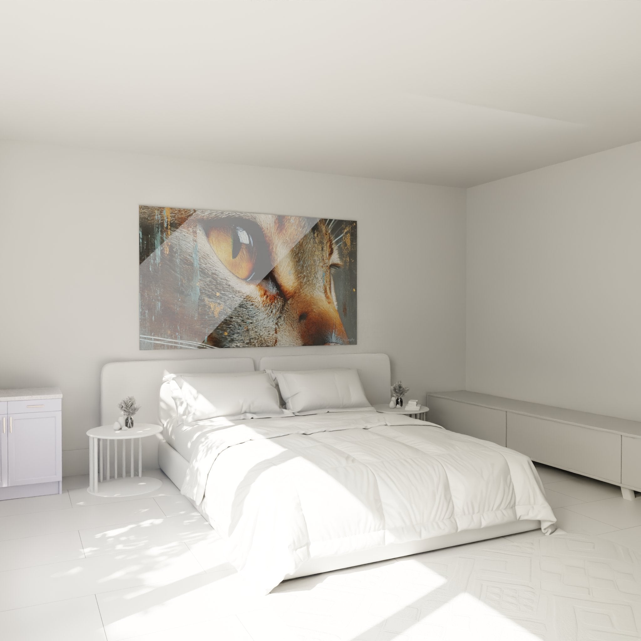 Quadro occhio di gatto Abissino che decora una camera moderna, atmosfera calda con tonalità ambrate