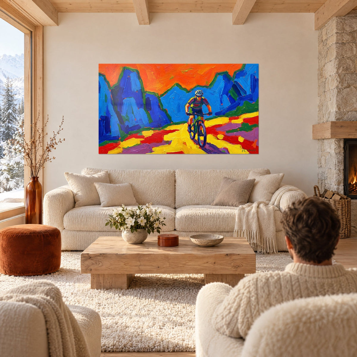 Wall art of a helmeted mountain biker racing down a yellow and red trail, cobalt blue cliffs, orange sky, above a sofa in a bright living room