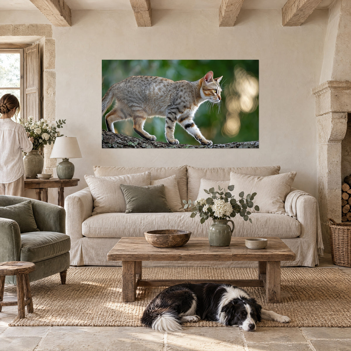 Gemälde Sokoke-Katze mit braun-cremefarbenem getigertem Fell, die auf einem Ast läuft, Collie liegend, über einem Sofa in einem hellen Wohnzimmer