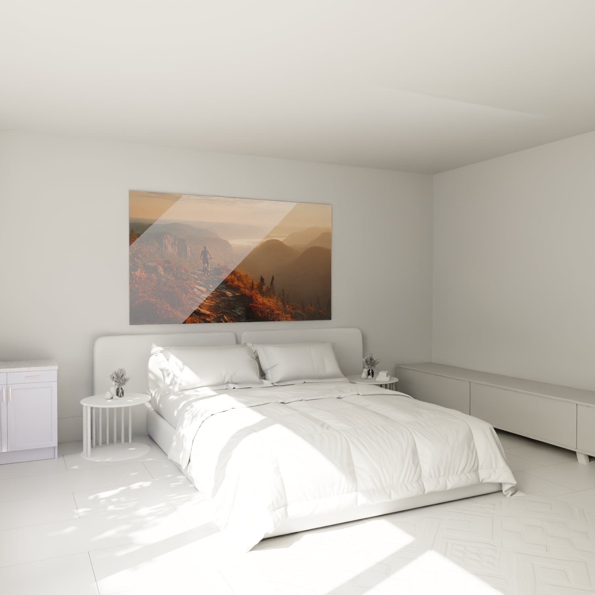 Decoration murale VTT dans chambre moderne avec tableau cycliste montagne coucher soleil ambiance chaleureuse