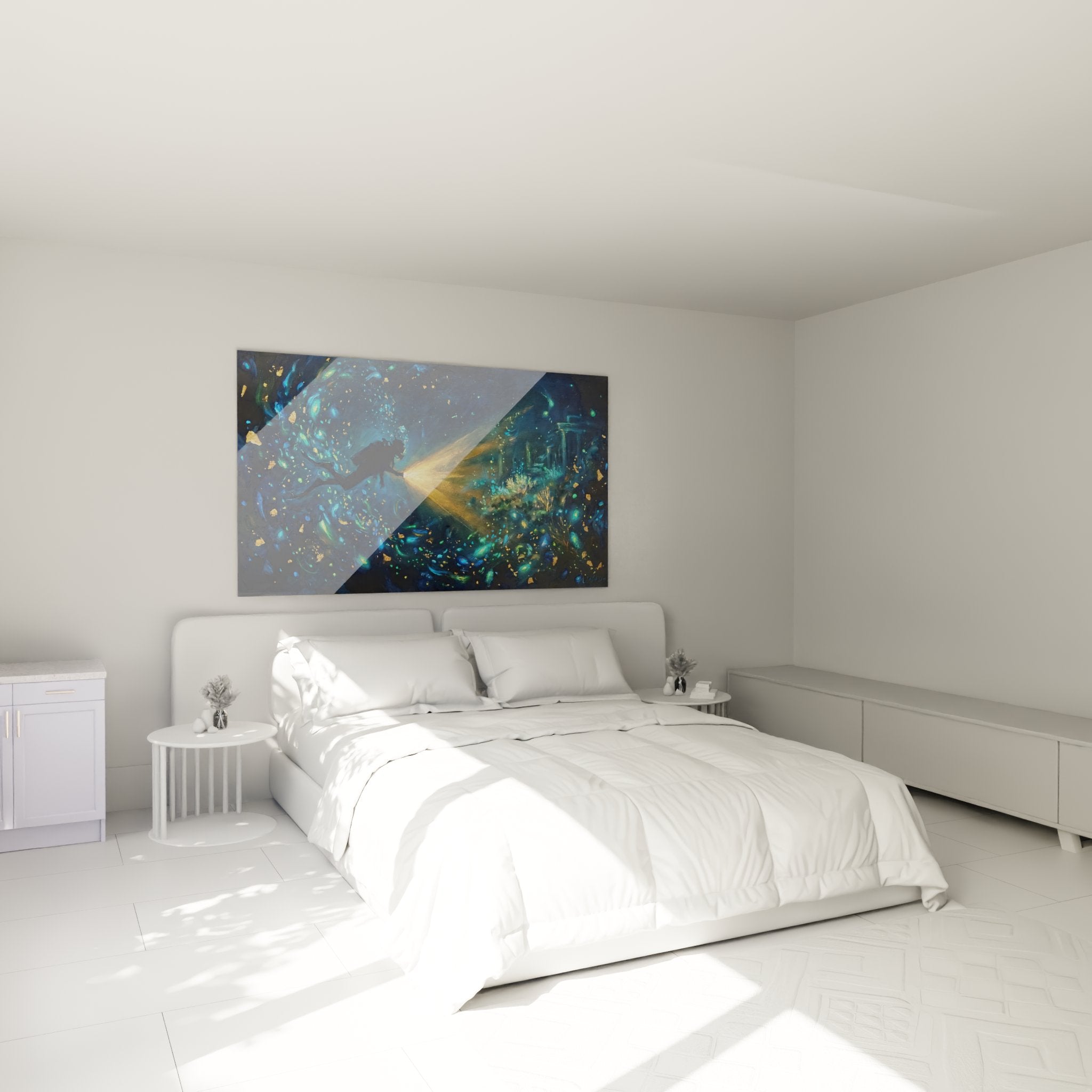 Décoration murale chambre avec tableau plongée sous-marine lumière dorée ambiance relaxante