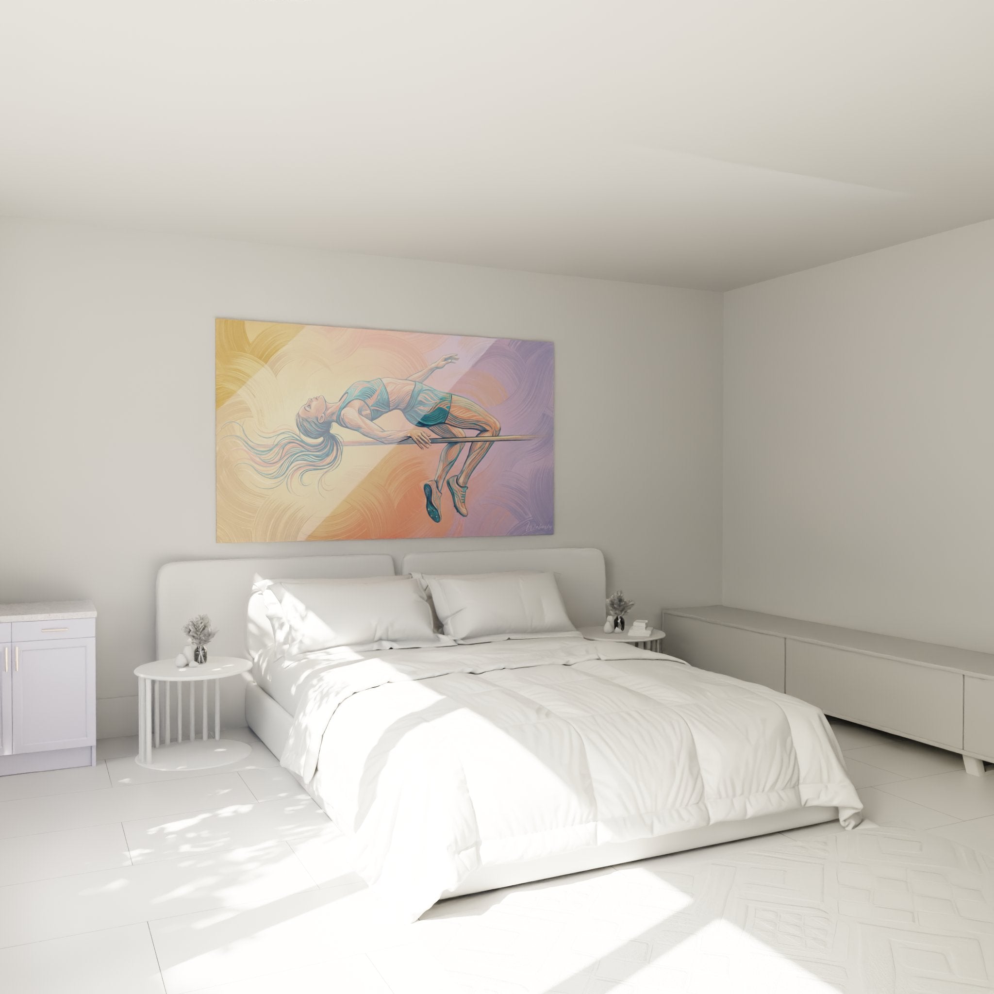 Décoration murale athlétisme - tableau saut en hauteur femme dans une chambre moderne et élégante