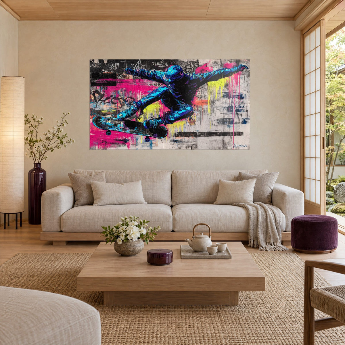 Quadro di uno skater in pieno salto, felpa blu elettrico su sfondo rosa fucsia, colature gialle, appeso sopra un divano in un soggiorno luminoso