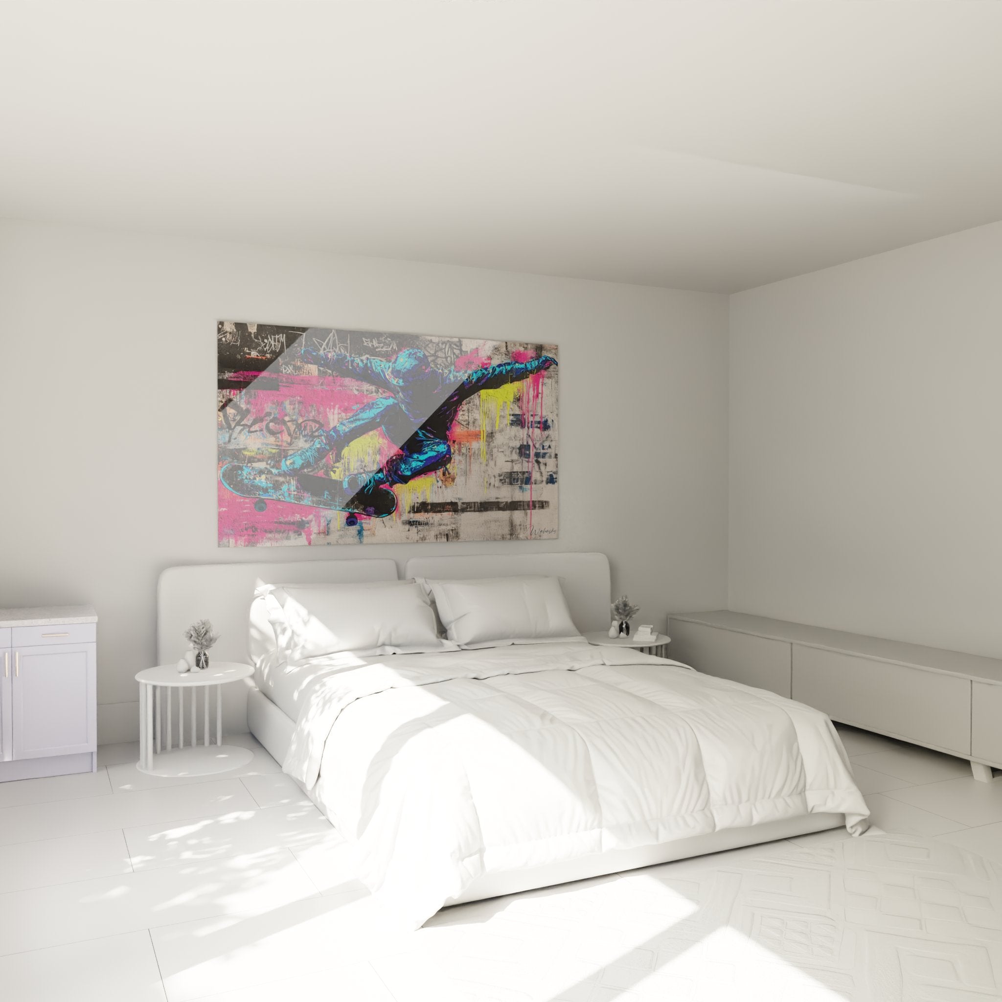 Déco chambre skateboard avec tableau street art skateur freestyle ambiance urbaine moderne