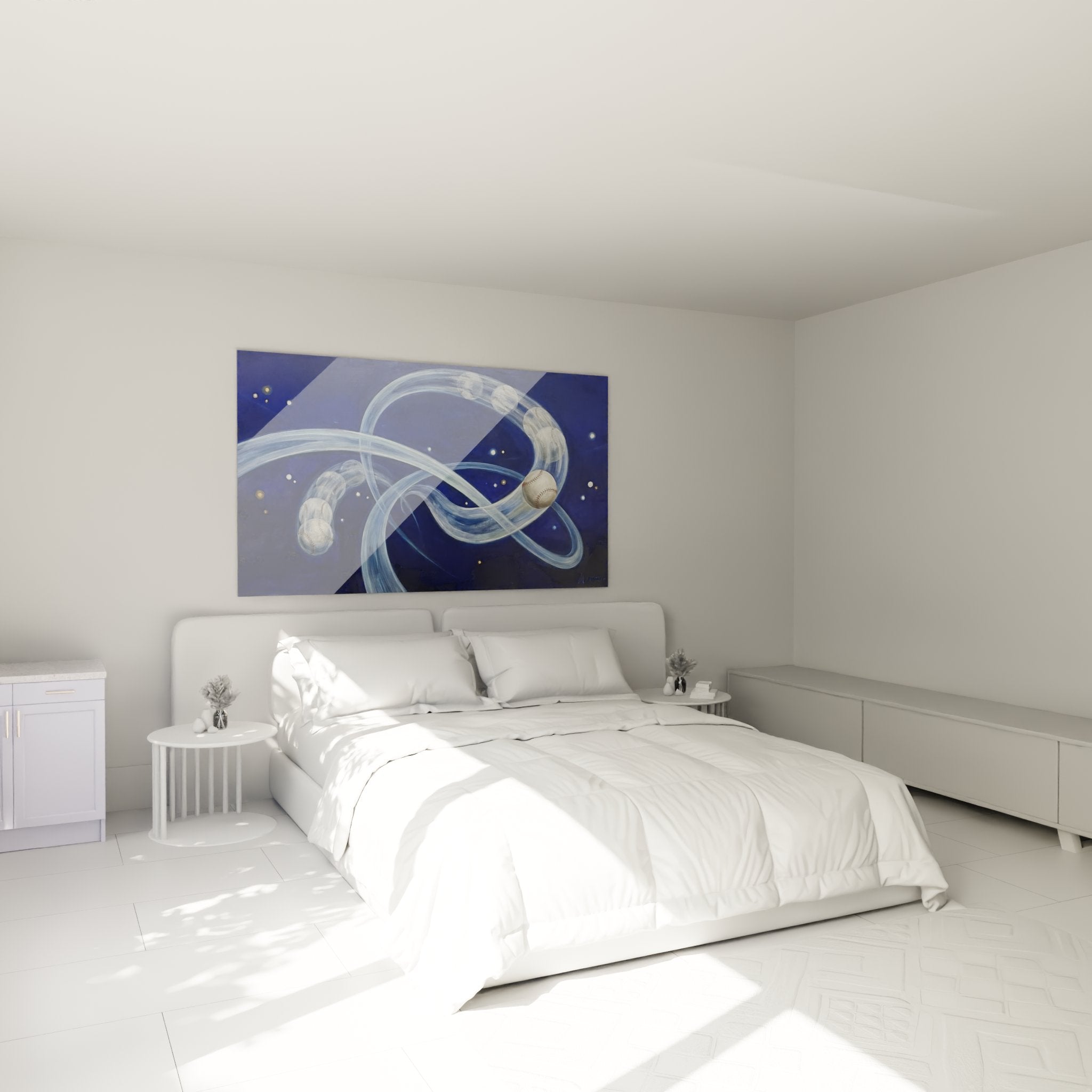Decoration murale baseball cosmique dans chambre moderne avec balles en suspension lumineuse bleue