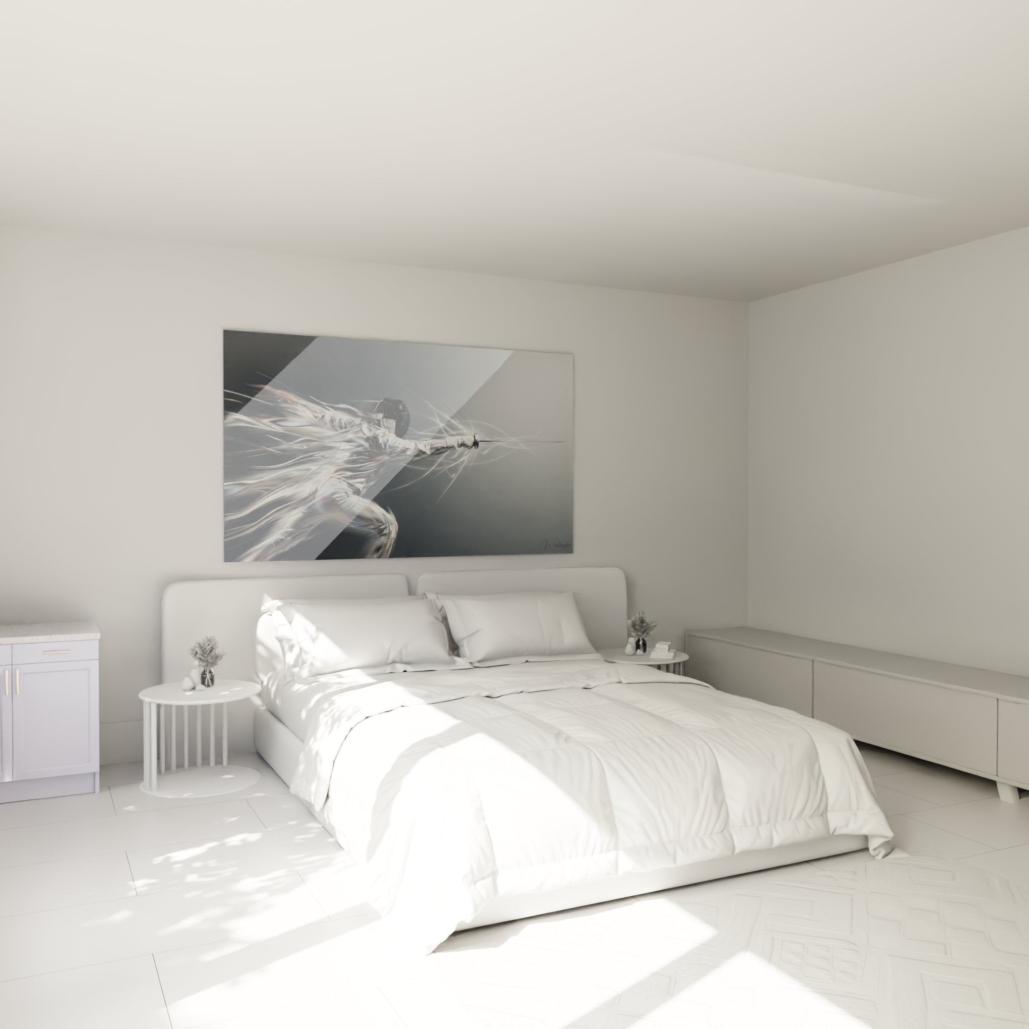 Tableau escrime élégant dans chambre moderne, escrimeur dynamique avec effets visuels fluides
