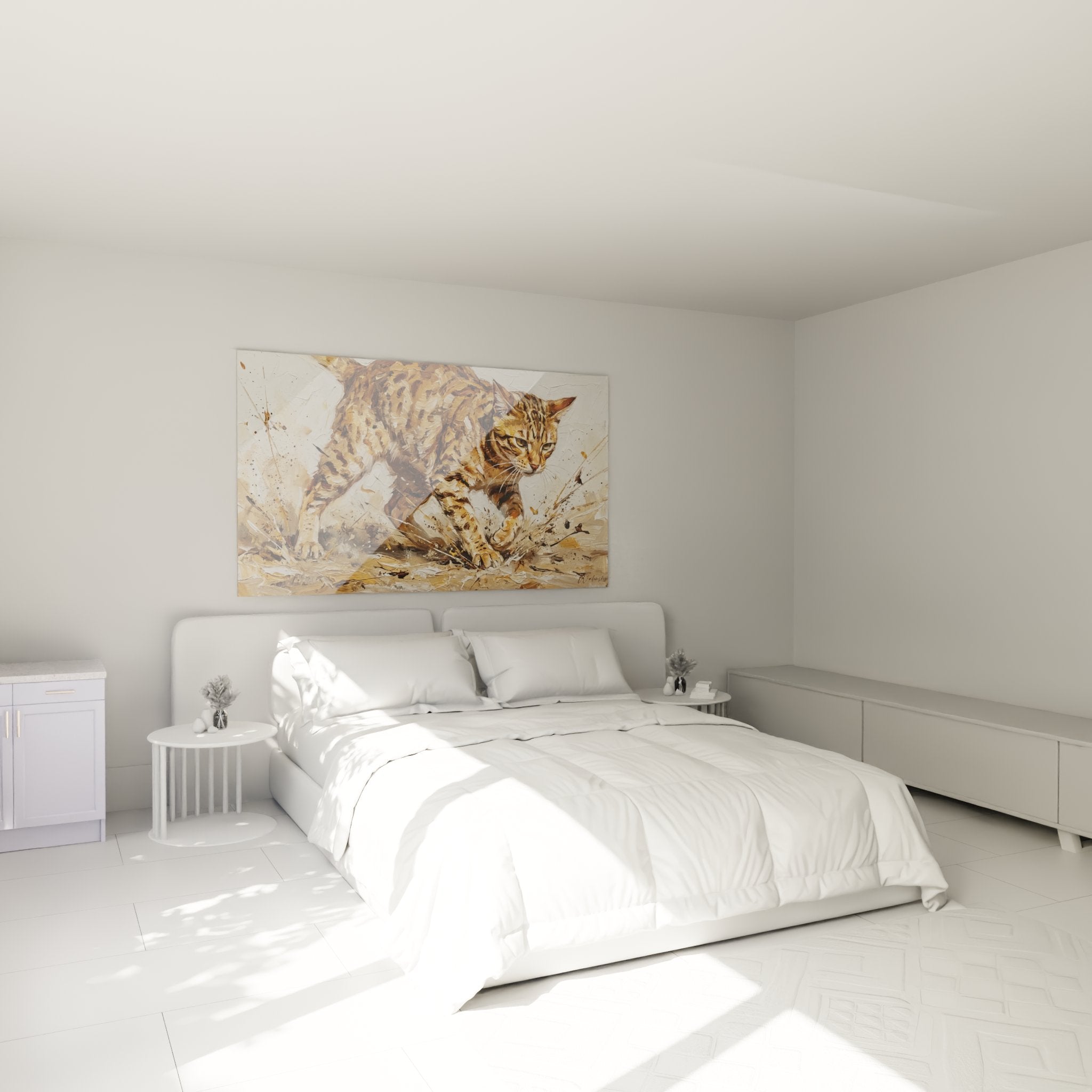 Deco chambre avec tableau chat Ocicat en mouvement accroche au mur dans ambiance cosy et moderne
