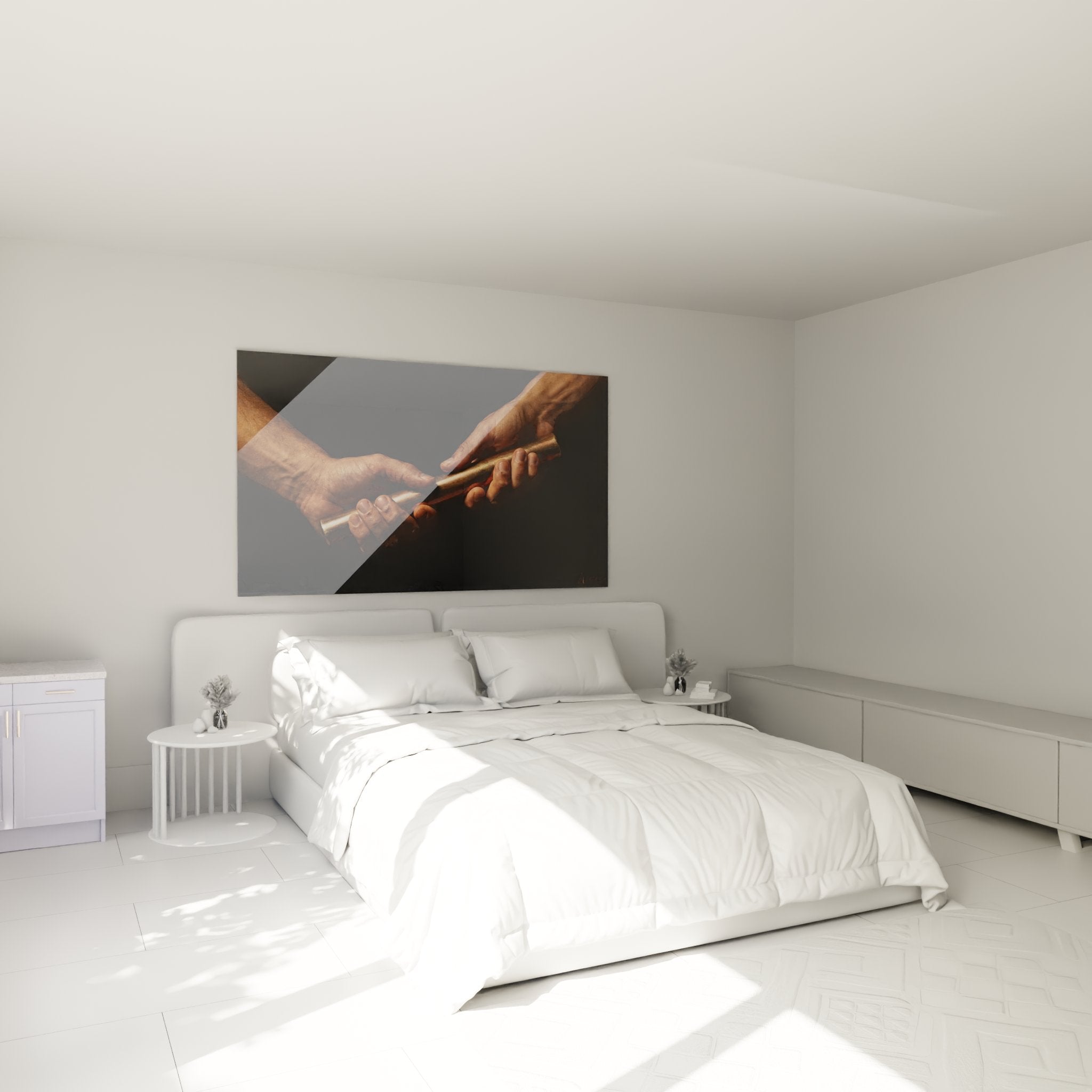 Décoration murale athlétisme avec transmission de témoin de relais dans une chambre moderne aux tons neutres