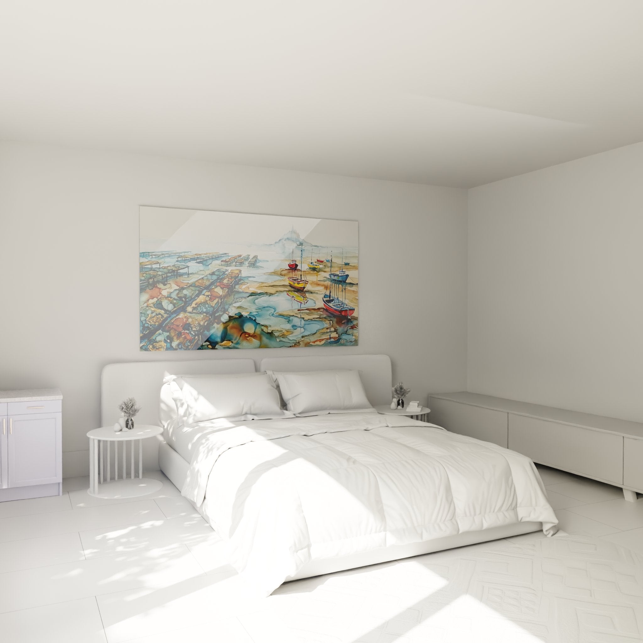 Tableau aquarelle port de Bretagne décorant une chambre moderne, ambiance maritime douce et apaisante