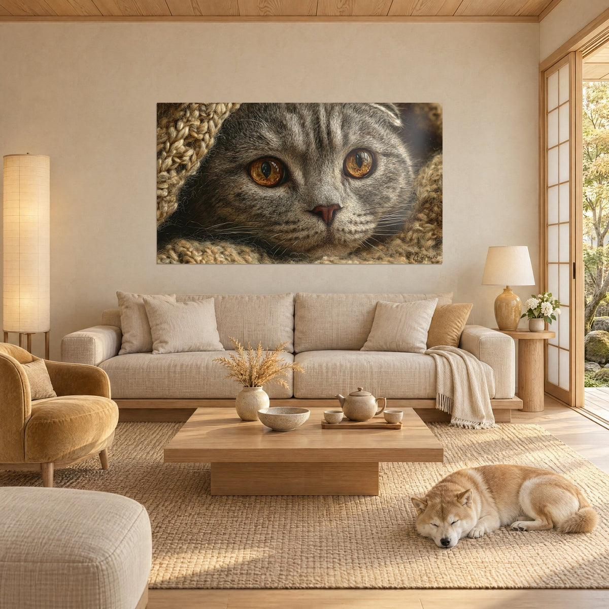 Tableau chat Scottish Fold gris aux yeux ambre, pelage tigré sur laine beige, au-dessus d'un canapé dans un salon lumineux