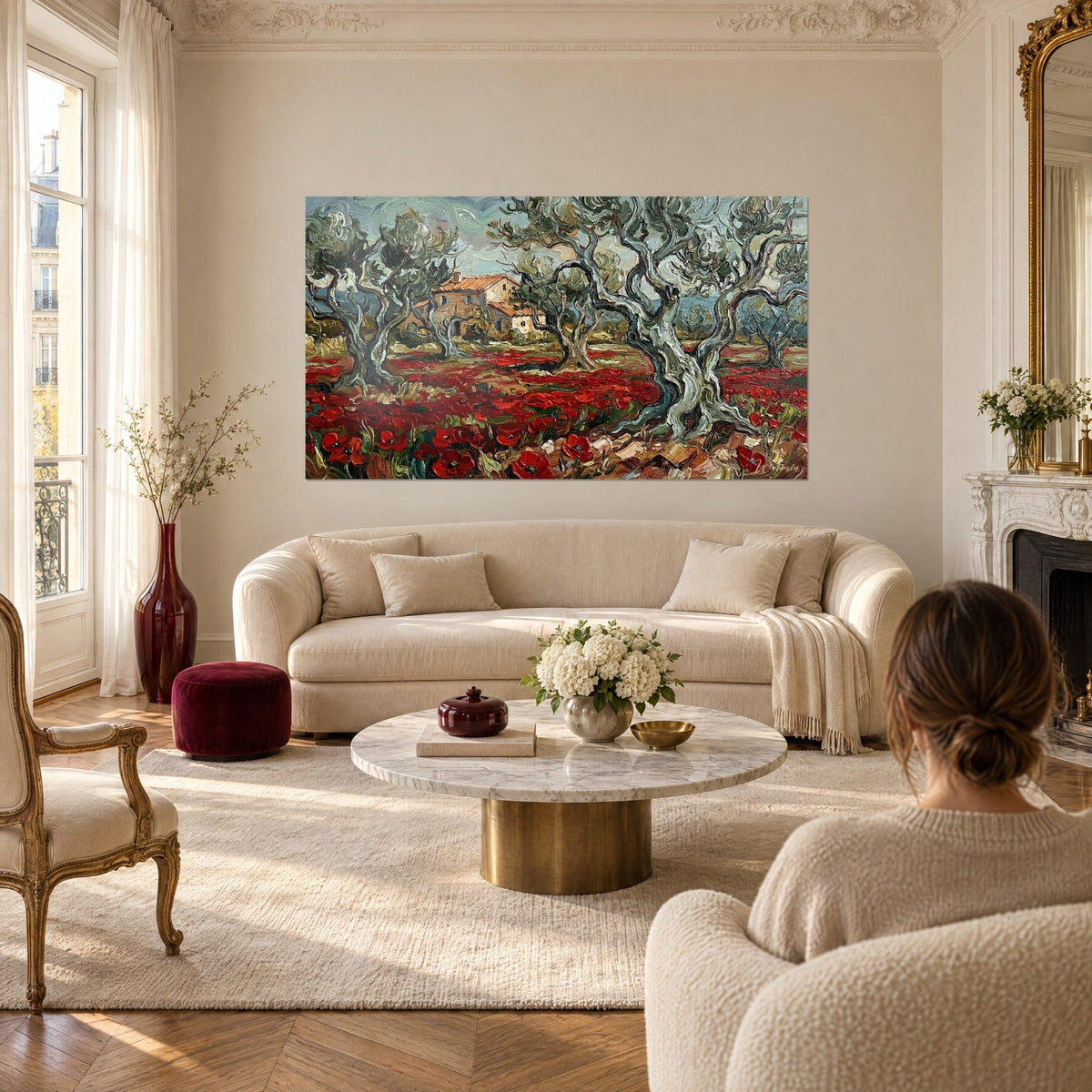 Gemälde knorrige Olivenbäume unter einem graugrünen Himmel, rote Mohnblumen und ockerfarbenes Gehöft, eine Frau von hinten, über einem Sofa in einem hellen Wohnzimmer