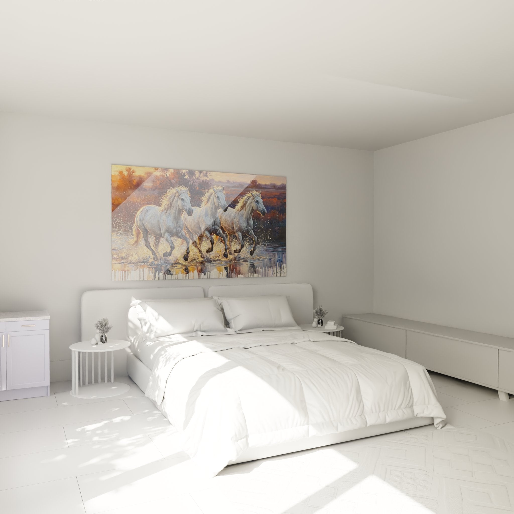 Decoration murale chevaux blancs Camargue dans chambre moderne style contemporain
