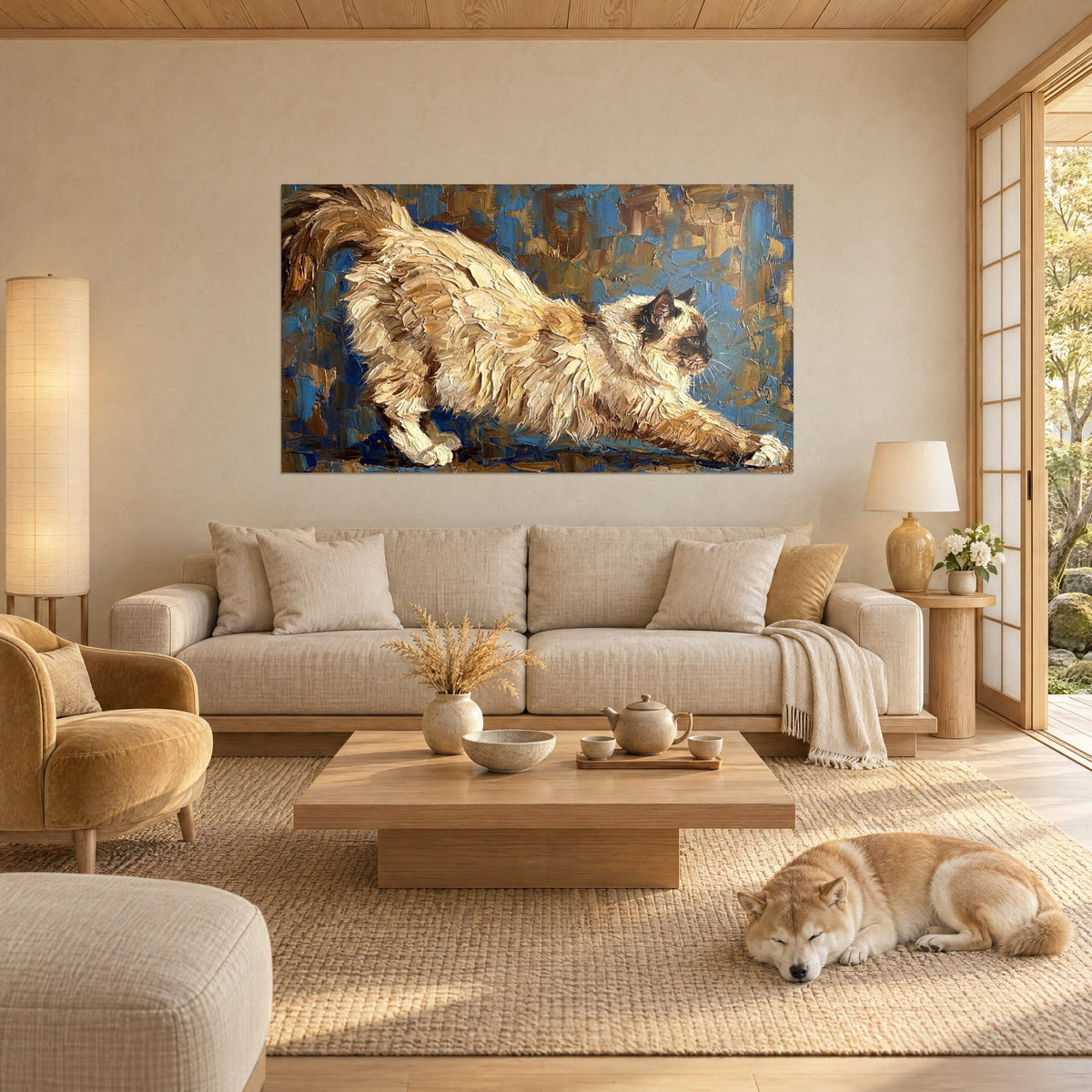 Tableau chat birman étiré, pelage crème et bleu cobalt à la spatule, shiba endormi, au-dessus d'un canapé dans un salon lumineux