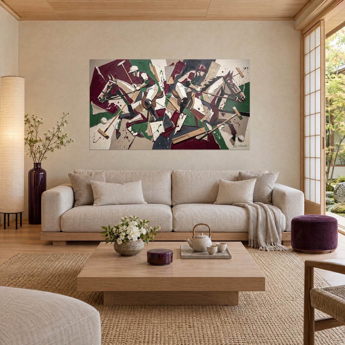 Wall art polo players in burgundy and fir green cubist collage, horses made of torn canvas pieces, above a sofa in a bright living room