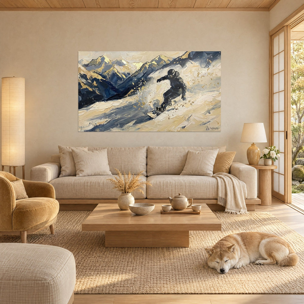Tableau snowboardeur noir fendant la poudreuse crème, éclats d'or et pics bleu ardoise, au-dessus d'un canapé dans un salon lumineux