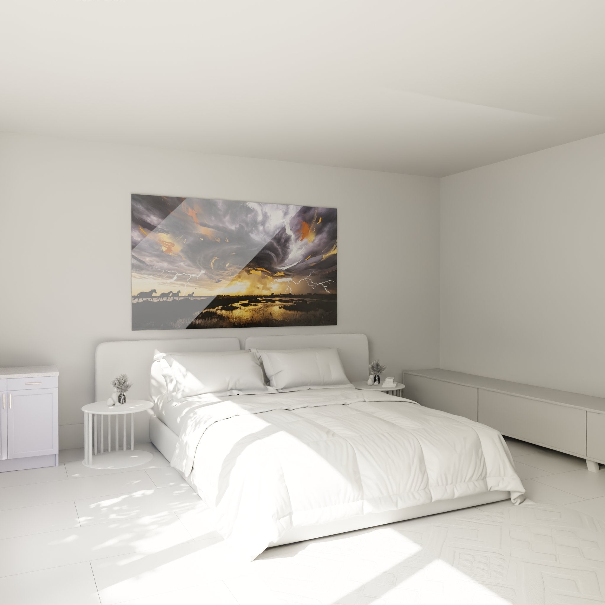Decoration murale tableau chevaux Camargue orage accroche dans chambre ambiance dramatique