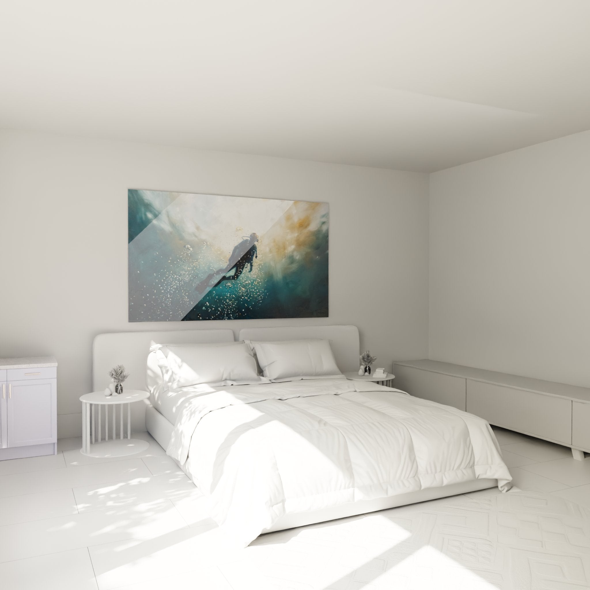 Décoration murale plongée sous-marine dans une chambre moderne avec tableau remontée plongeur vers lumière