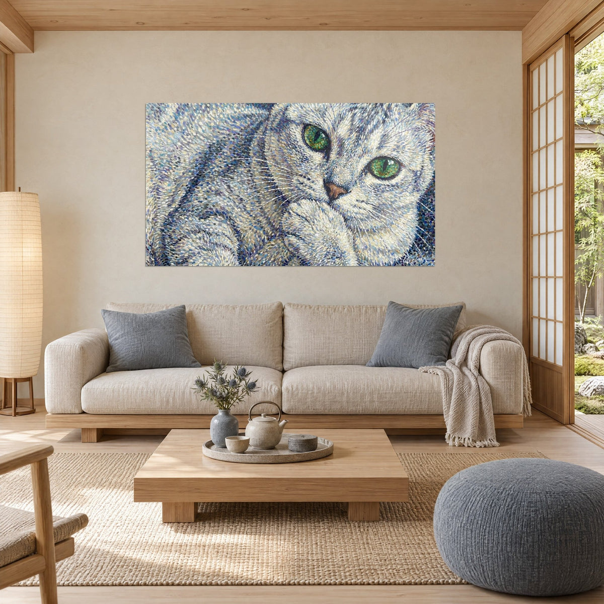 Quadro gatto burmilla dagli occhi smeraldo, pelo argentato con tocchi blu e crema, sopra un divano in un soggiorno luminoso