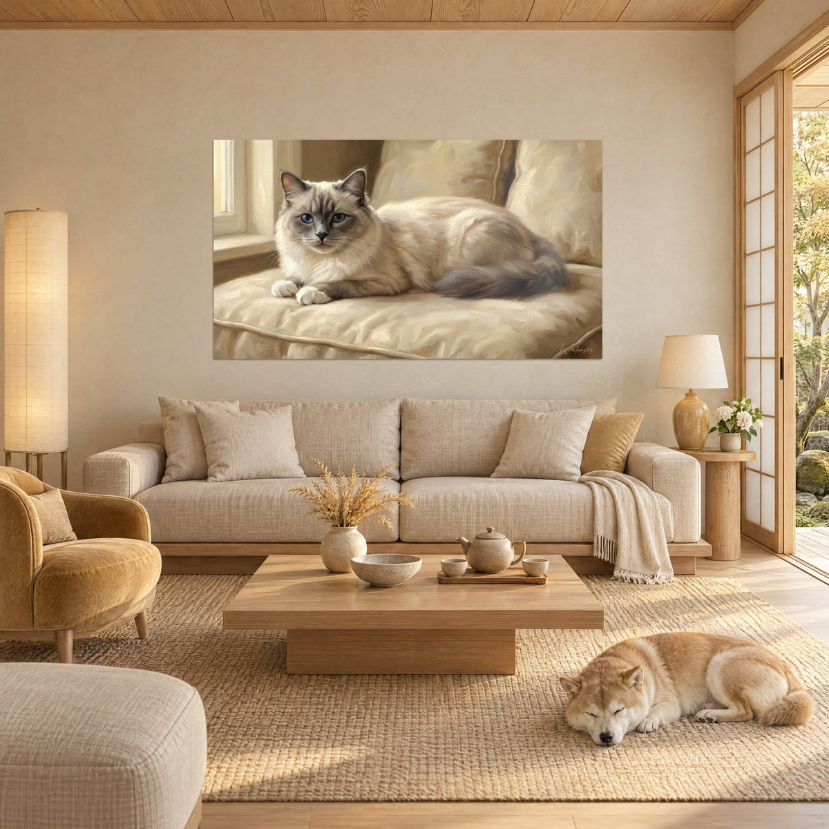 Cuadro gato Birmano de ojos azules, pelaje crema y hocico gris sobre cojín beige, un Shiba duerme encima de un sofá en un salón luminoso