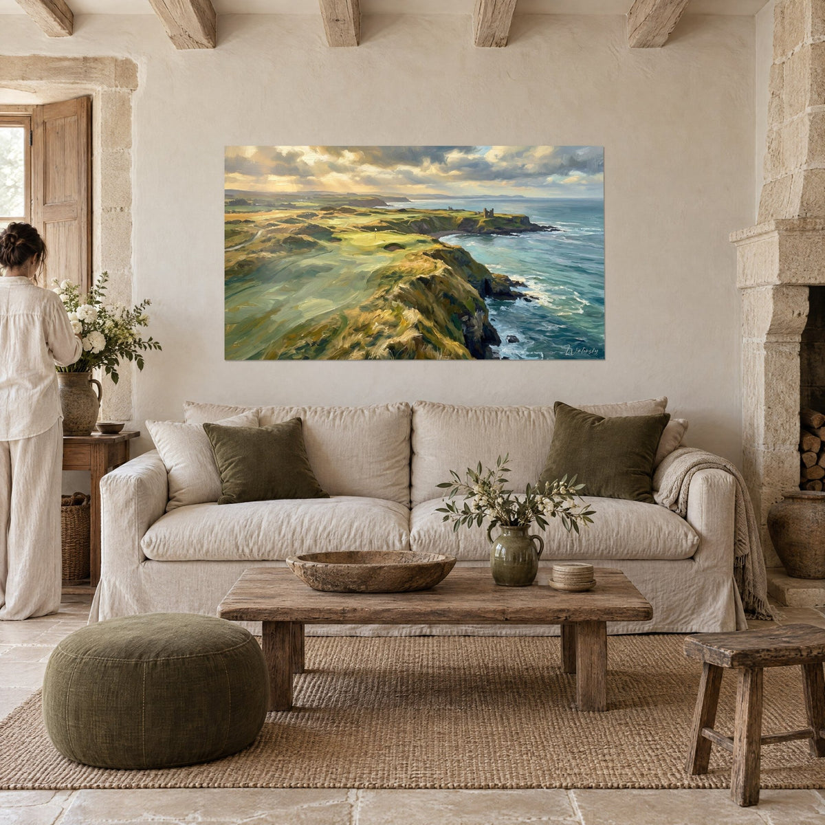 Wall art golf course on a cliff, green fairways and turquoise sea, castle ruin, above a sofa in a bright living room