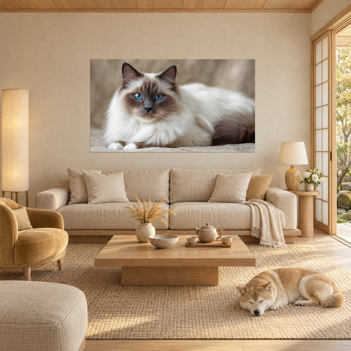 Tableau chat birman aux yeux bleus, pelage crème et masque brun chocolat, Shiba endormi, au-dessus d'un canapé dans un salon lumineux