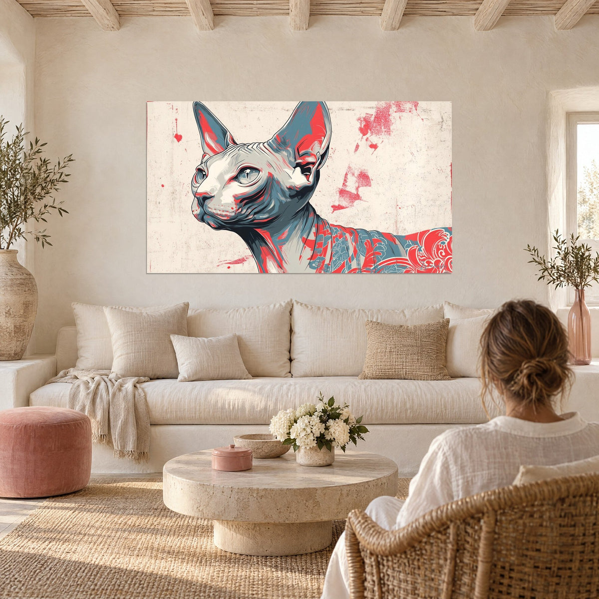 Wall art tattooed sphynx cat with coral red and blue-grey patterns on a cream background, above a sofa in a bright living room