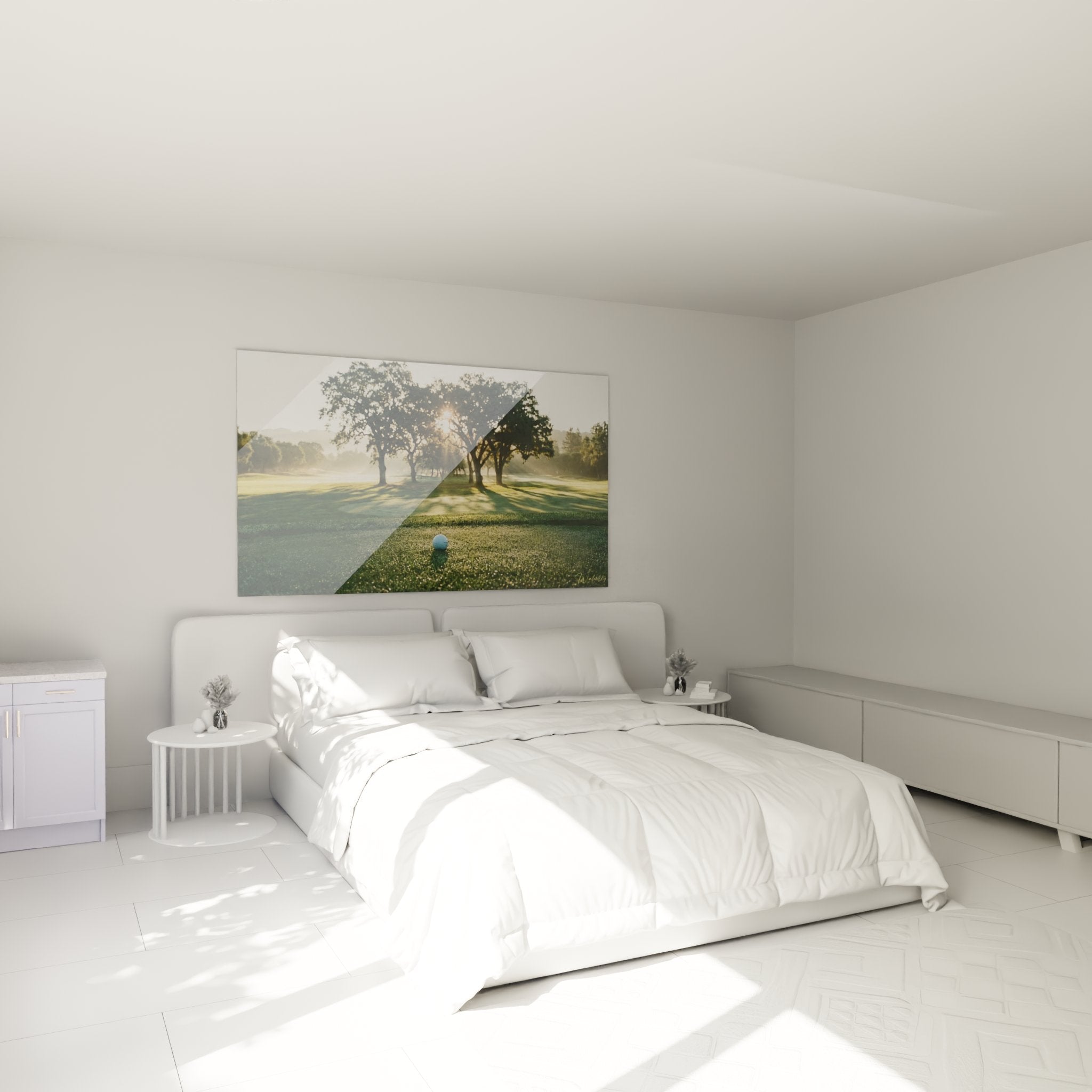 Décoration chambre avec tableau golf lever de soleil créant ambiance chaleureuse et sportive élégante