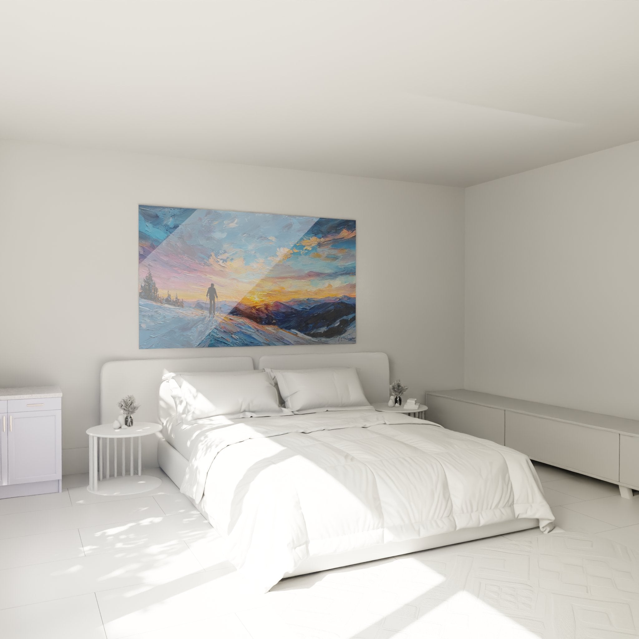 Tableau skieur coucher soleil decore chambre ambiance montagne chalet decoration murale ski hiver