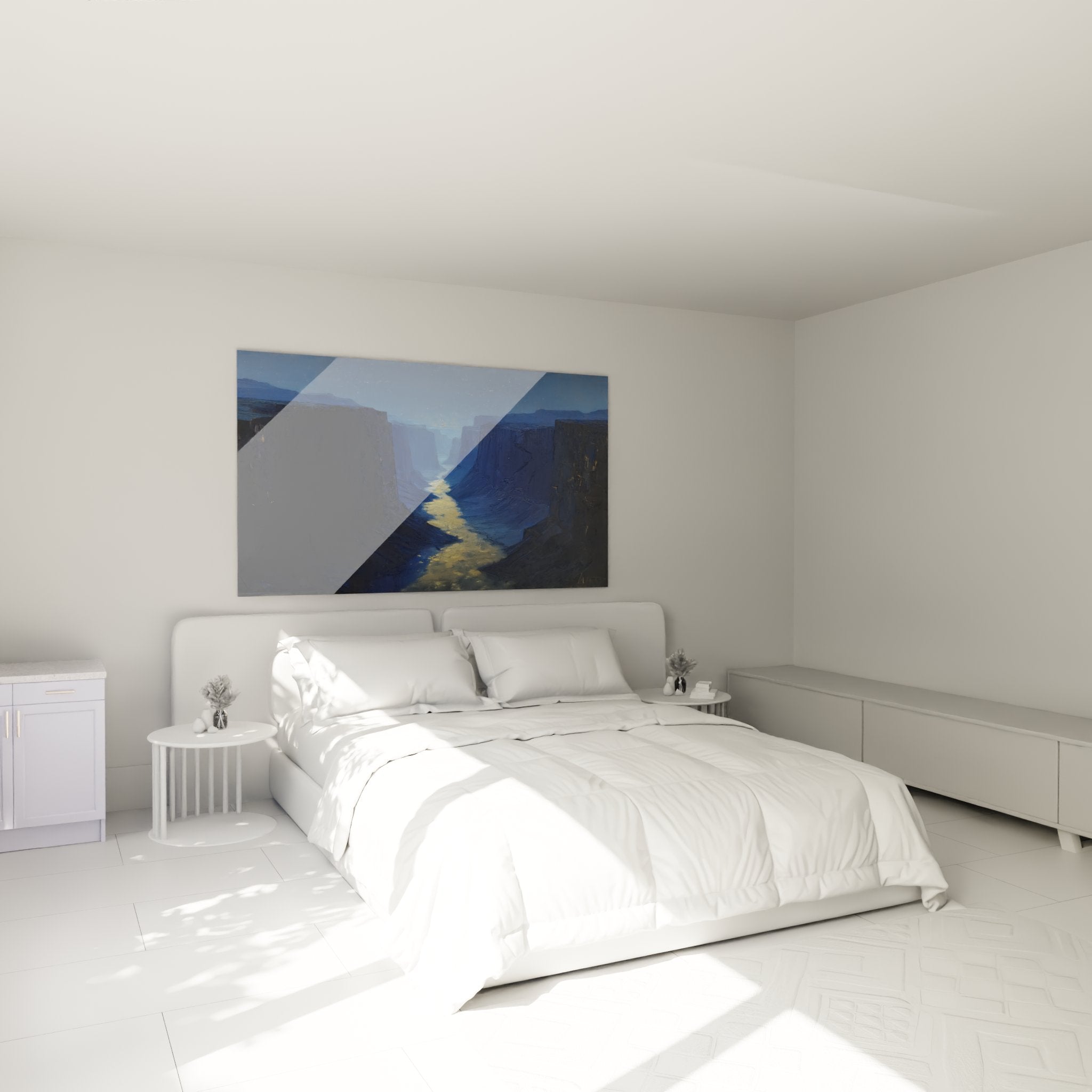 Tableau canyon nocturne décorant une chambre moderne, ambiance apaisante avec reflets lunaires dorés