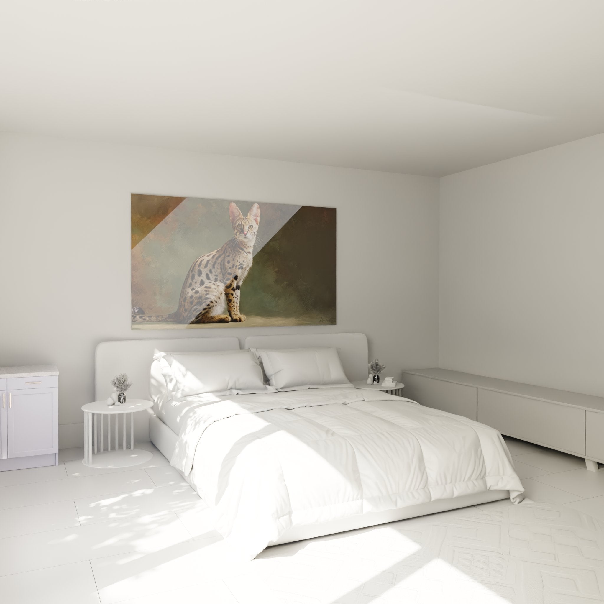 Tableau chat Savannah accroche au mur chambre moderne decoration murale art felin contemporain