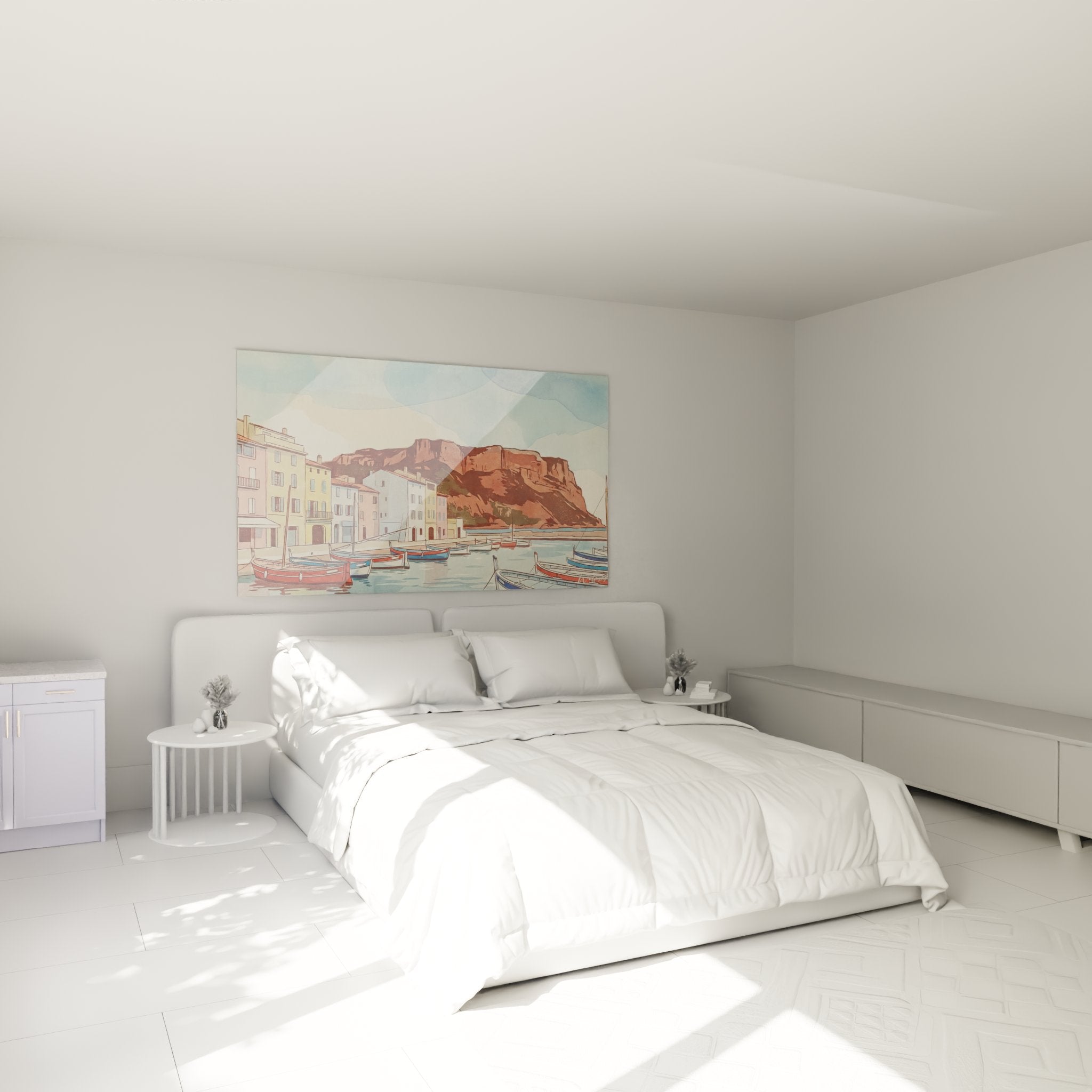 Decoration murale port de provence avec bateaux de peche dans une chambre style mediterraneen