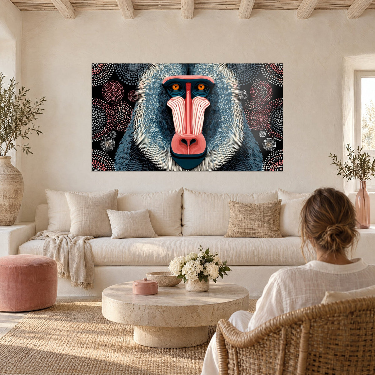 Quadro di un mandrillo dal muso rosso e bianco striato, pelliccia blu ardesia, sfondo nero punteggiato, appeso sopra un divano in un soggiorno luminoso