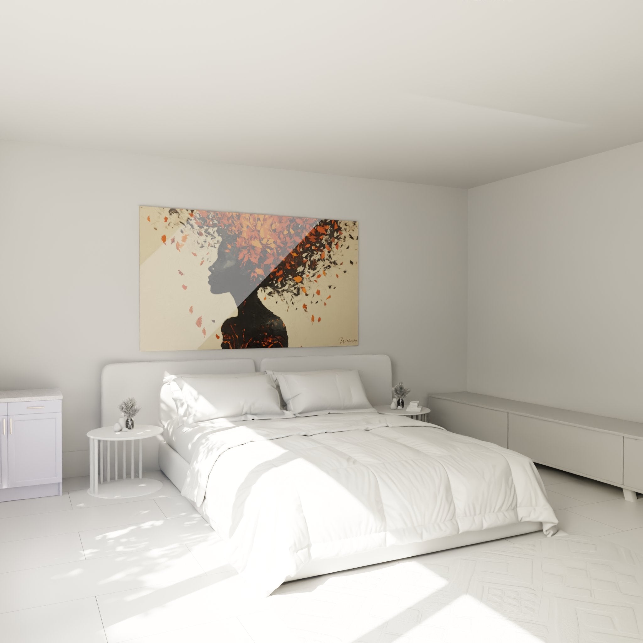 Decorazione camera da letto con quadro donna africana autunno nei toni arancioni e ocra su muro beige