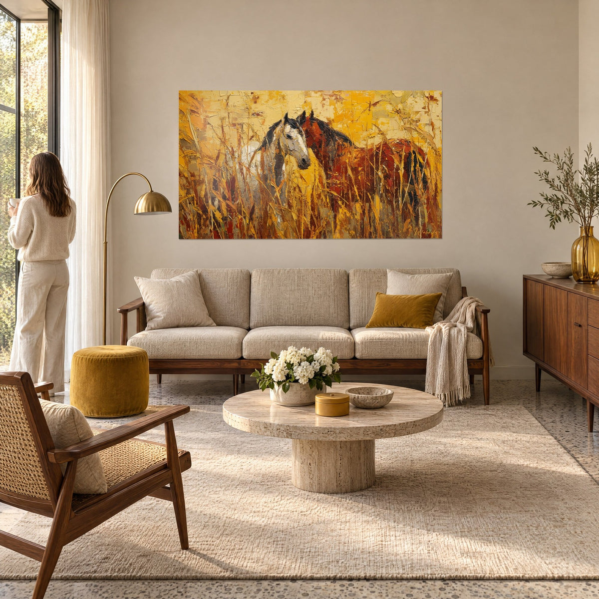 Wall art of two wild horses, grey and chestnut coats, in golden grass with palette-knife strokes, above a sofa in a bright living room