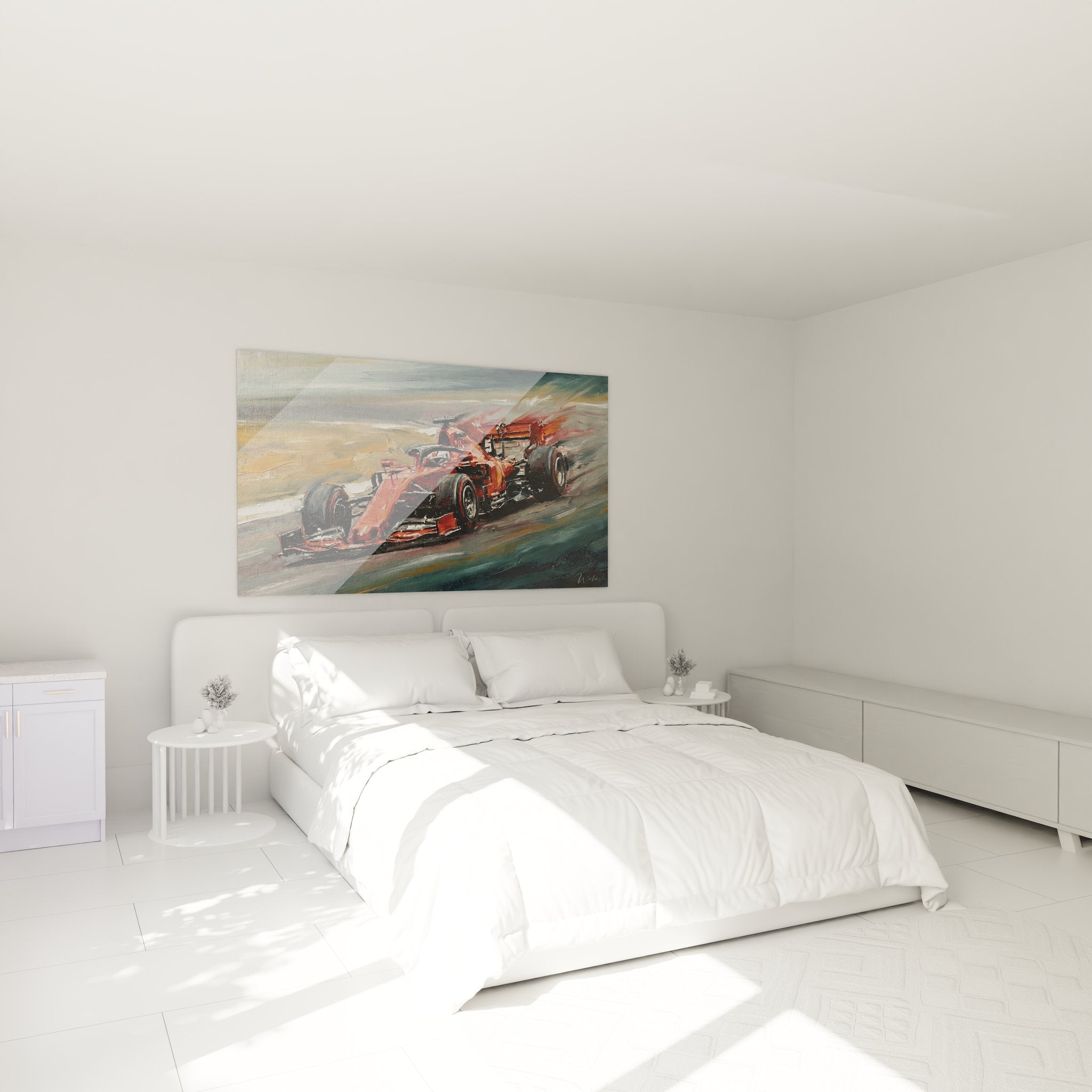 Decoration murale Ferrari Formule 1 rouge dans chambre moderne avec effets artistiques de course automobile
