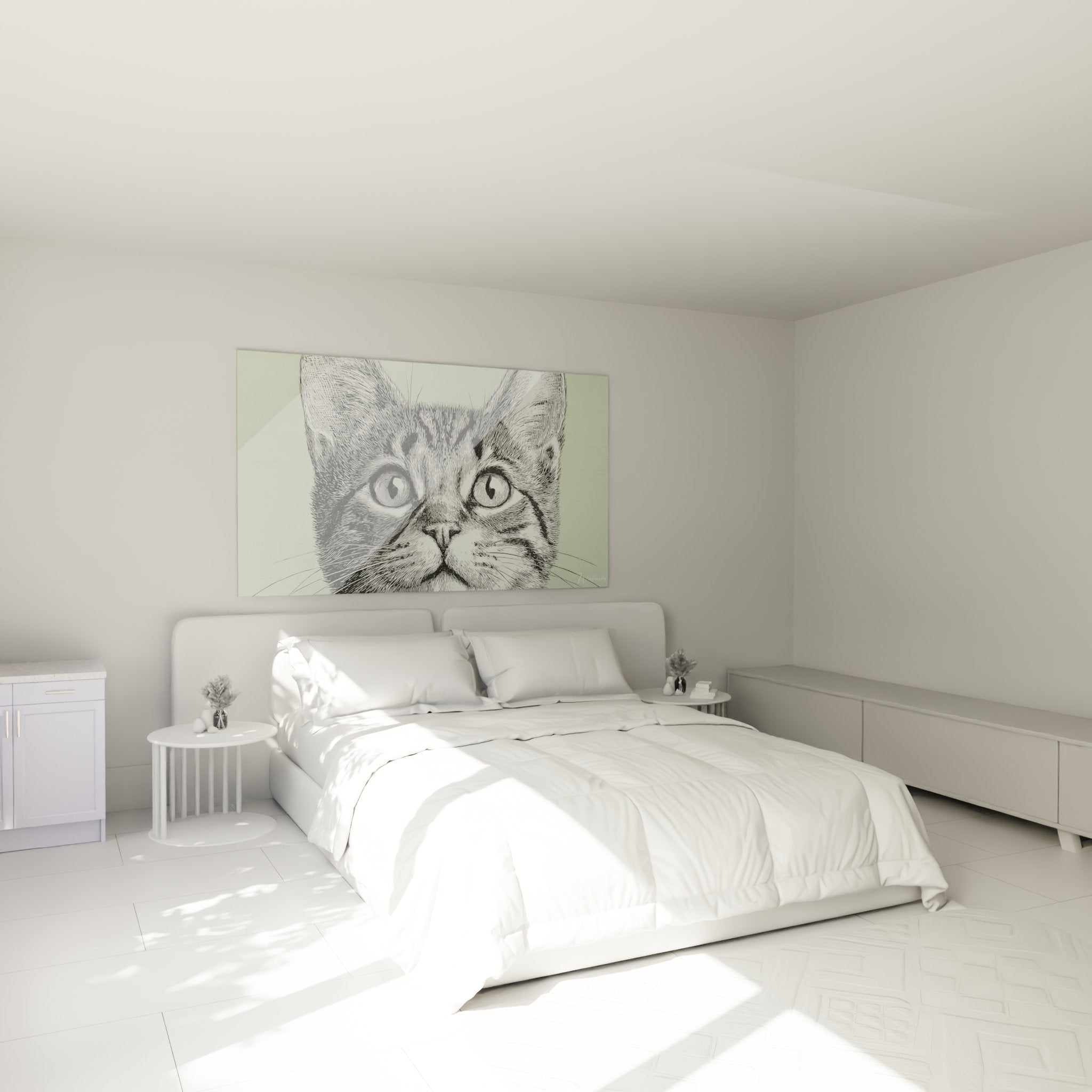 Decoration chambre avec tableau chat Sokoke portrait vintage au dessus du lit ambiance cosy