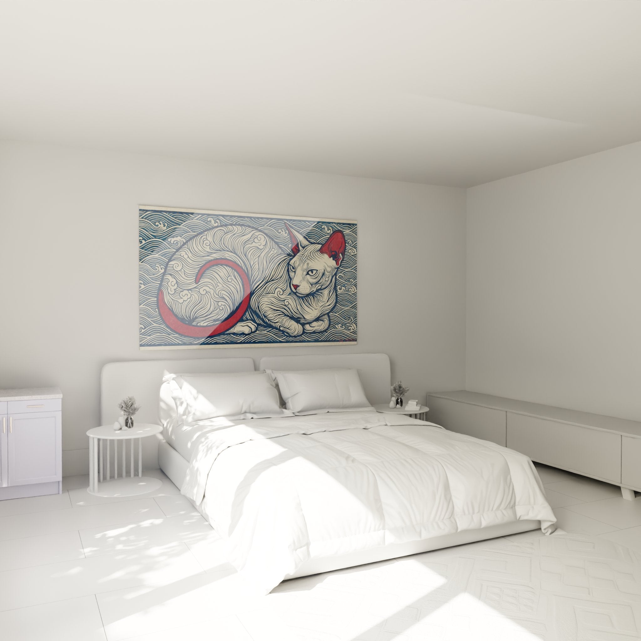 Tableau chat stylisé vagues japonaises accroché au mur d'une chambre moderne décoration murale