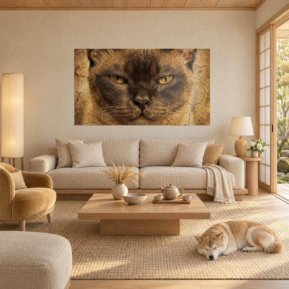 Tableau félin burmese aux yeux ambrés plissés, pelage chocolat sur fond craquelé sable, shiba endormi, salon japandi, au-dessus d'un canapé dans un salon lumineux