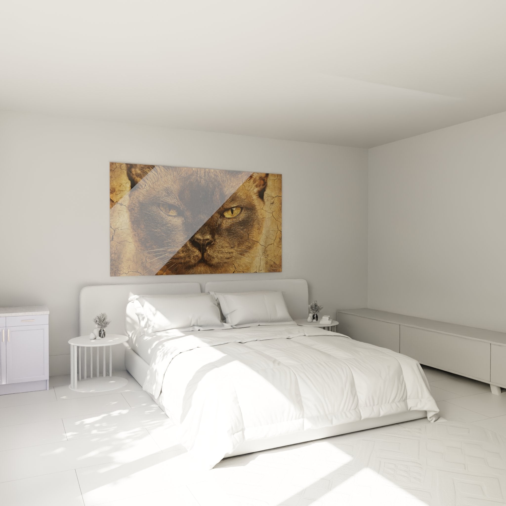 Tableau chat Burmese regard mystérieux dans une chambre moderne, décoration murale élégante et apaisante