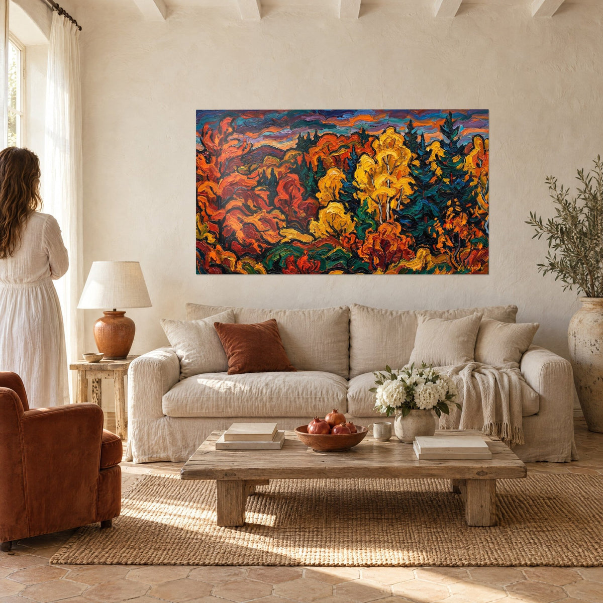 Wall art autumn forest with mustard-yellow birches and fir-green pines, thick impasto, above a sofa in a bright living room