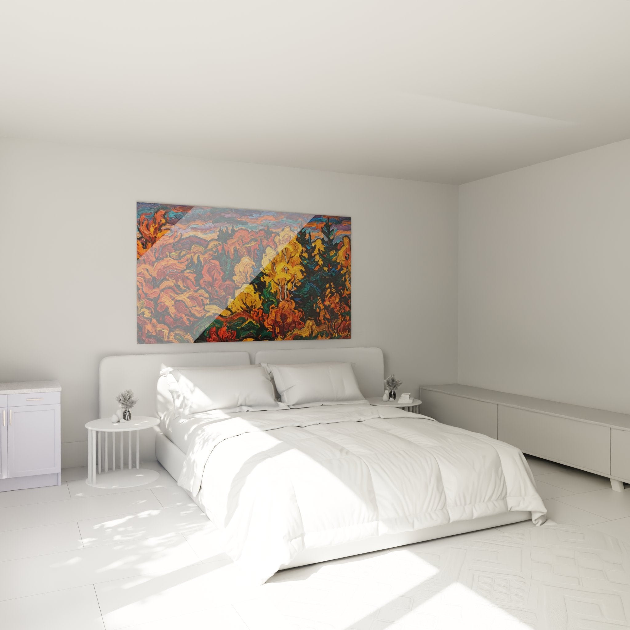 Tableau paysage automnal décorant une chambre moderne, art mural aux couleurs chaudes d'automne