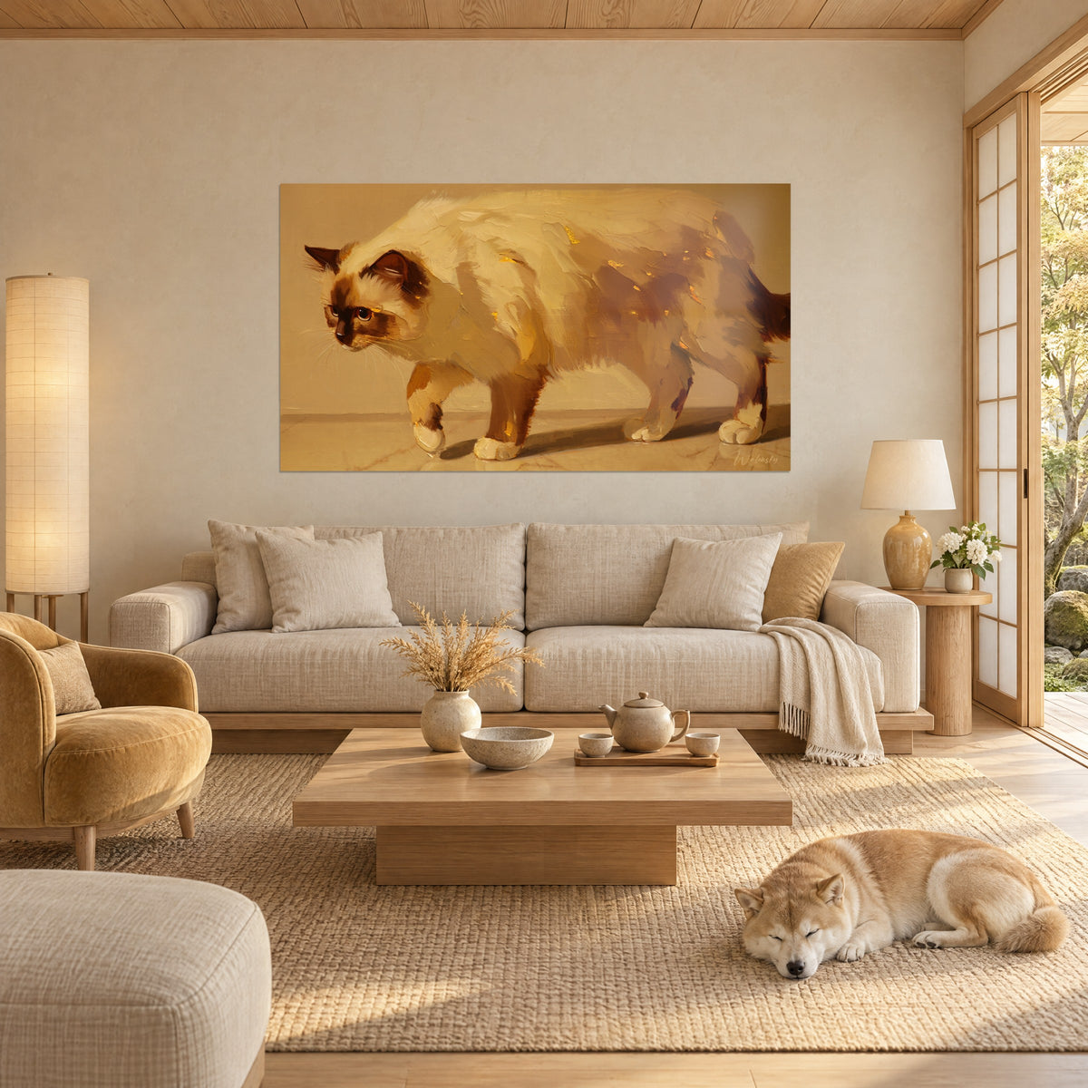 Tableau chat birman à la fourrure crème et brun chocolat, touches d'or, au-dessus d'un canapé dans un salon lumineux