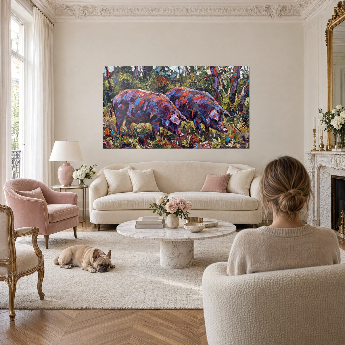 Gemälde zwei Wildschweine beim Wühlen im Macchia, violette und orangefarbene Felle, pastose Pinselstriche, über einem Sofa in einem hellen Wohnzimmer