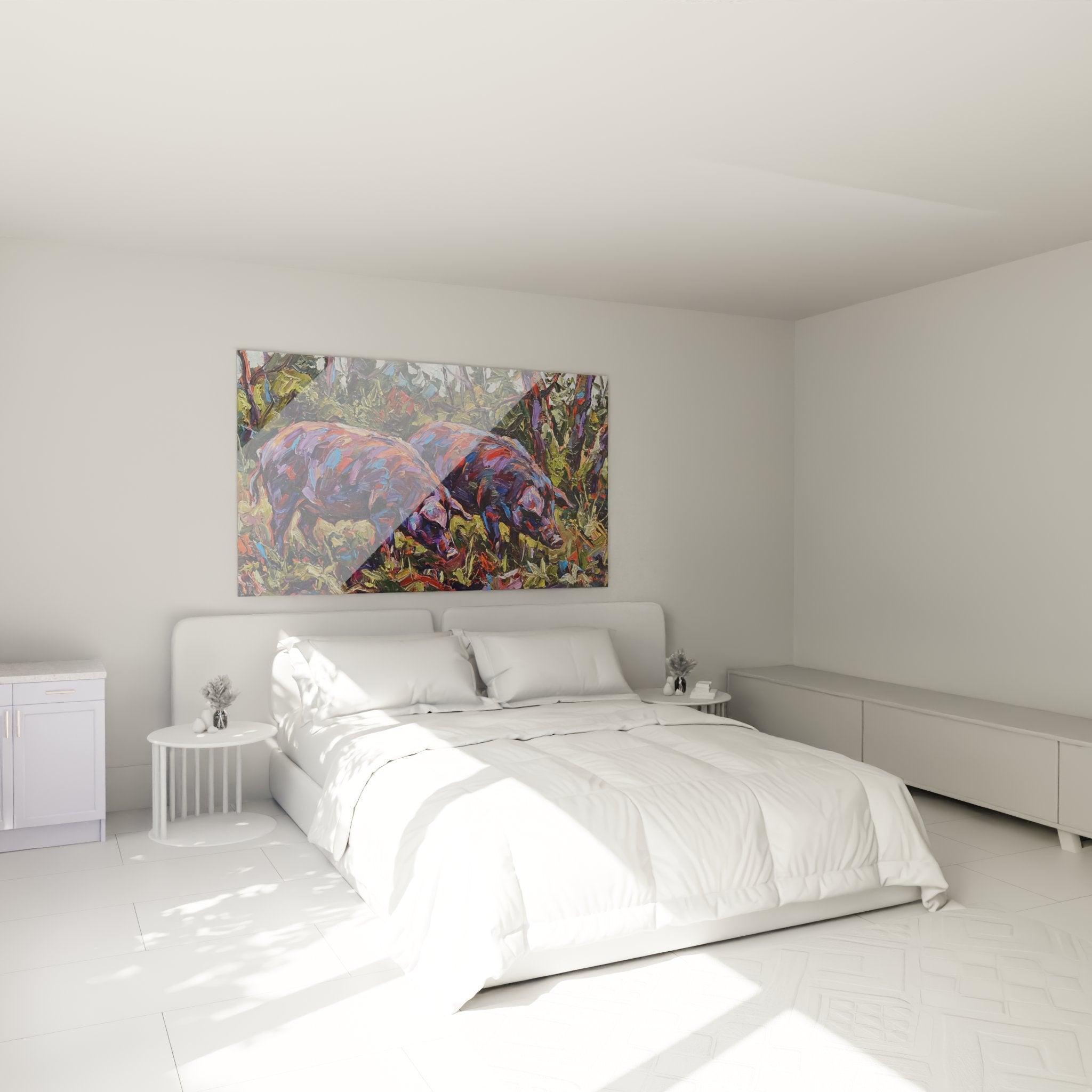 Decoration murale sangliers corse dans une chambre, tableau faune sauvage aux tons violets et rouges