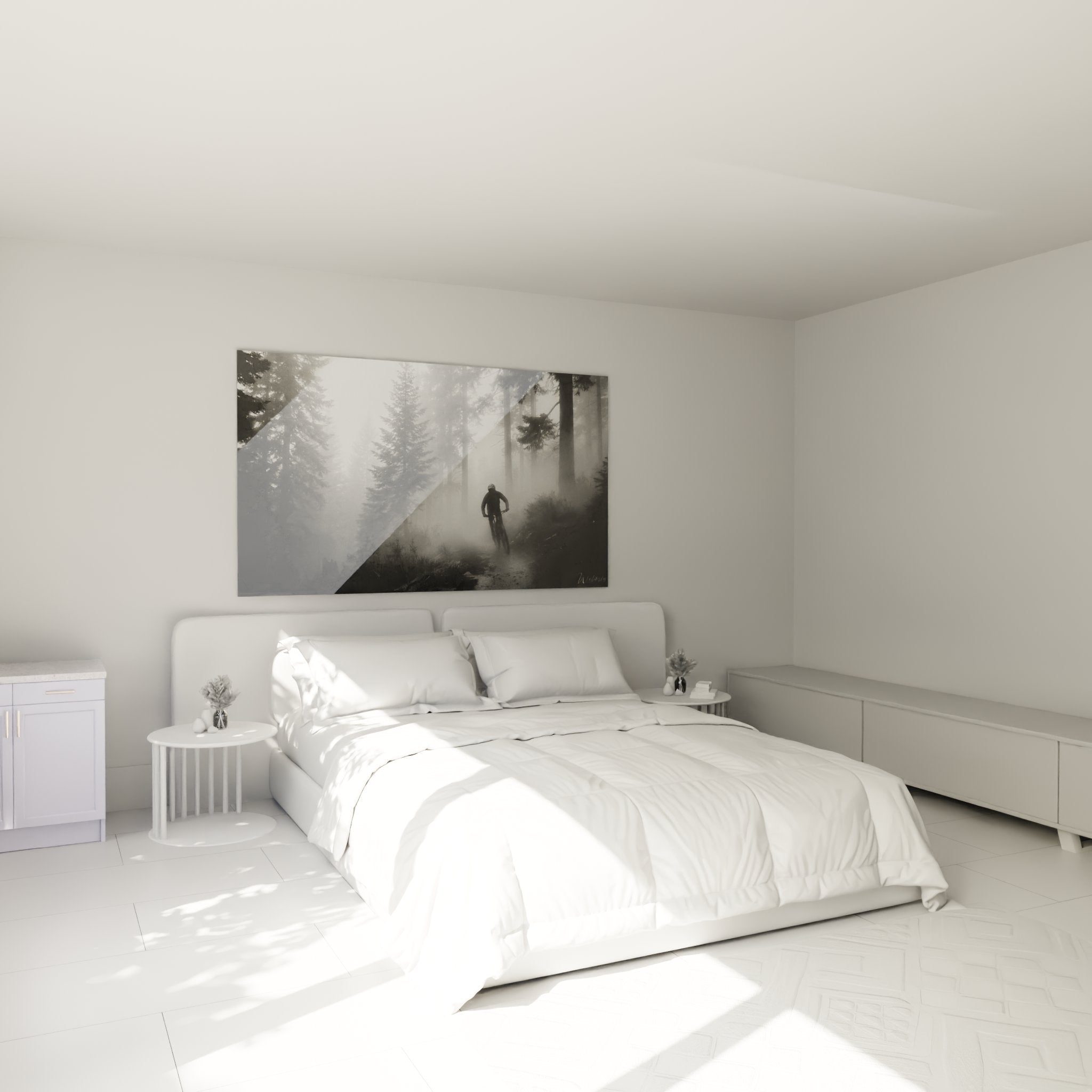 Décoration murale VTT chambre tableau noir blanc rider forêt brume ambiance nature sport