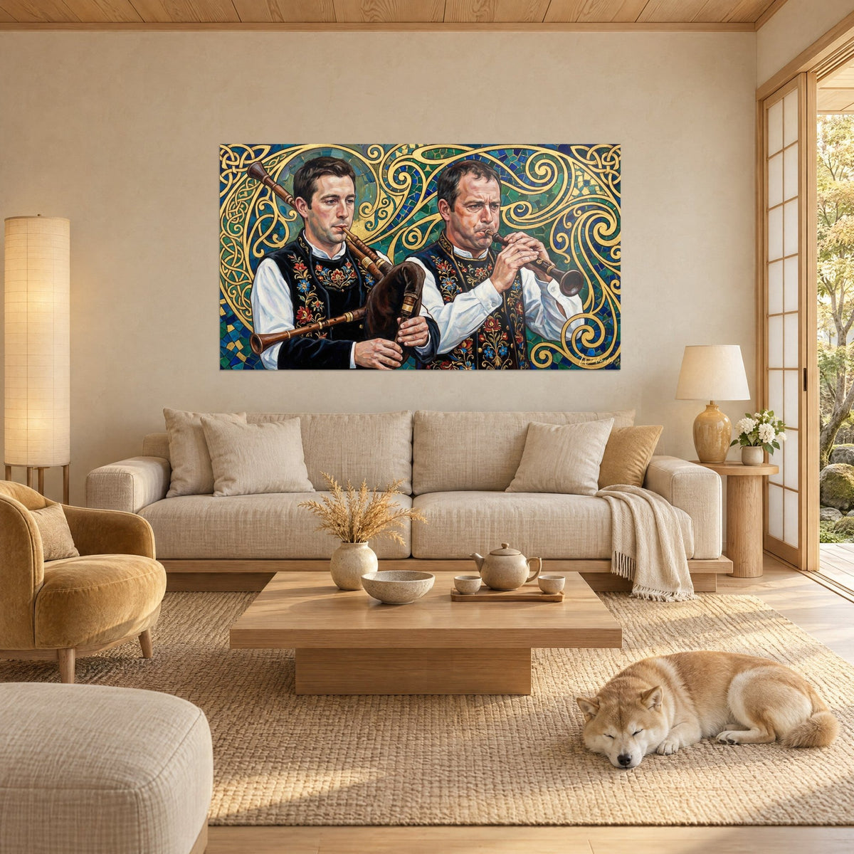 Wall art two pipers in black waistcoats embroidered with red flowers, golden scrolls on blue mosaic, above a sofa in a bright living room