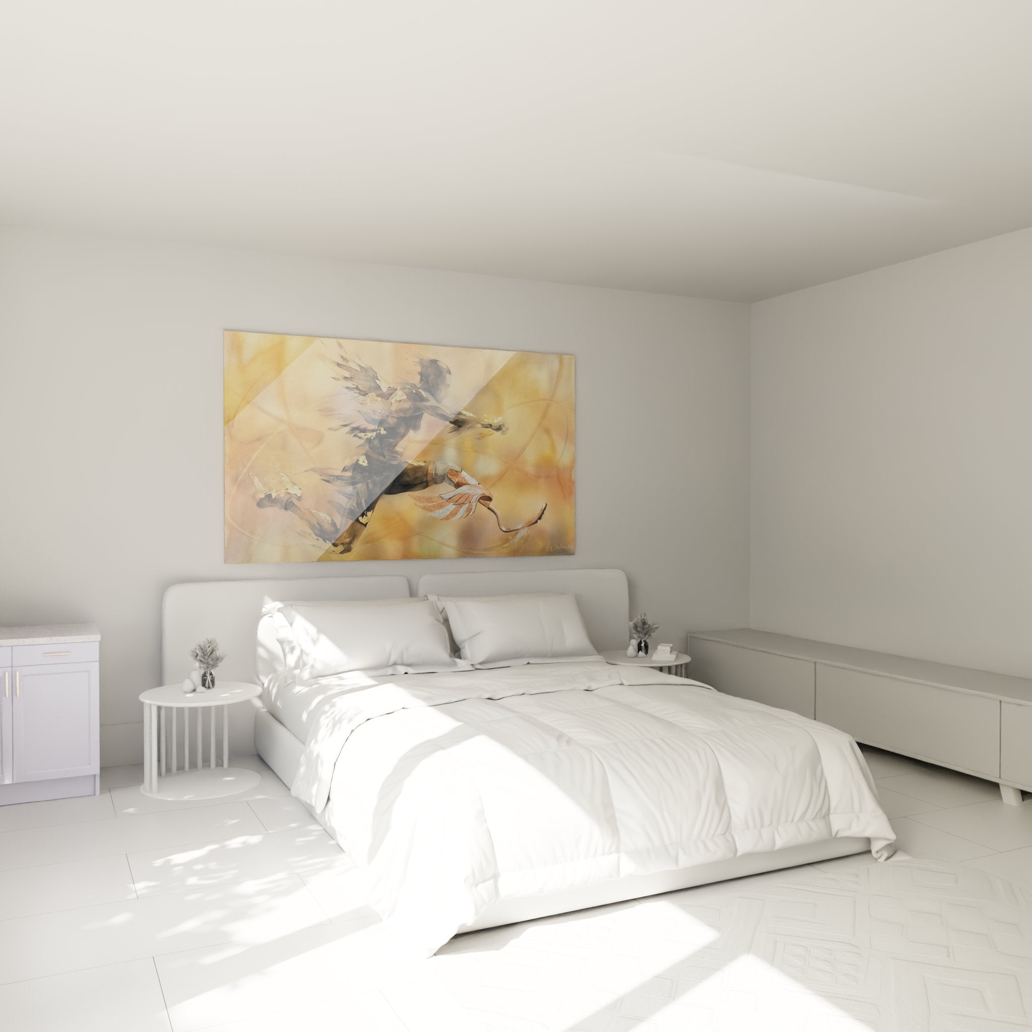 Décoration murale paralympique dans chambre moderne avec tableau athlète inspirant tons dorés