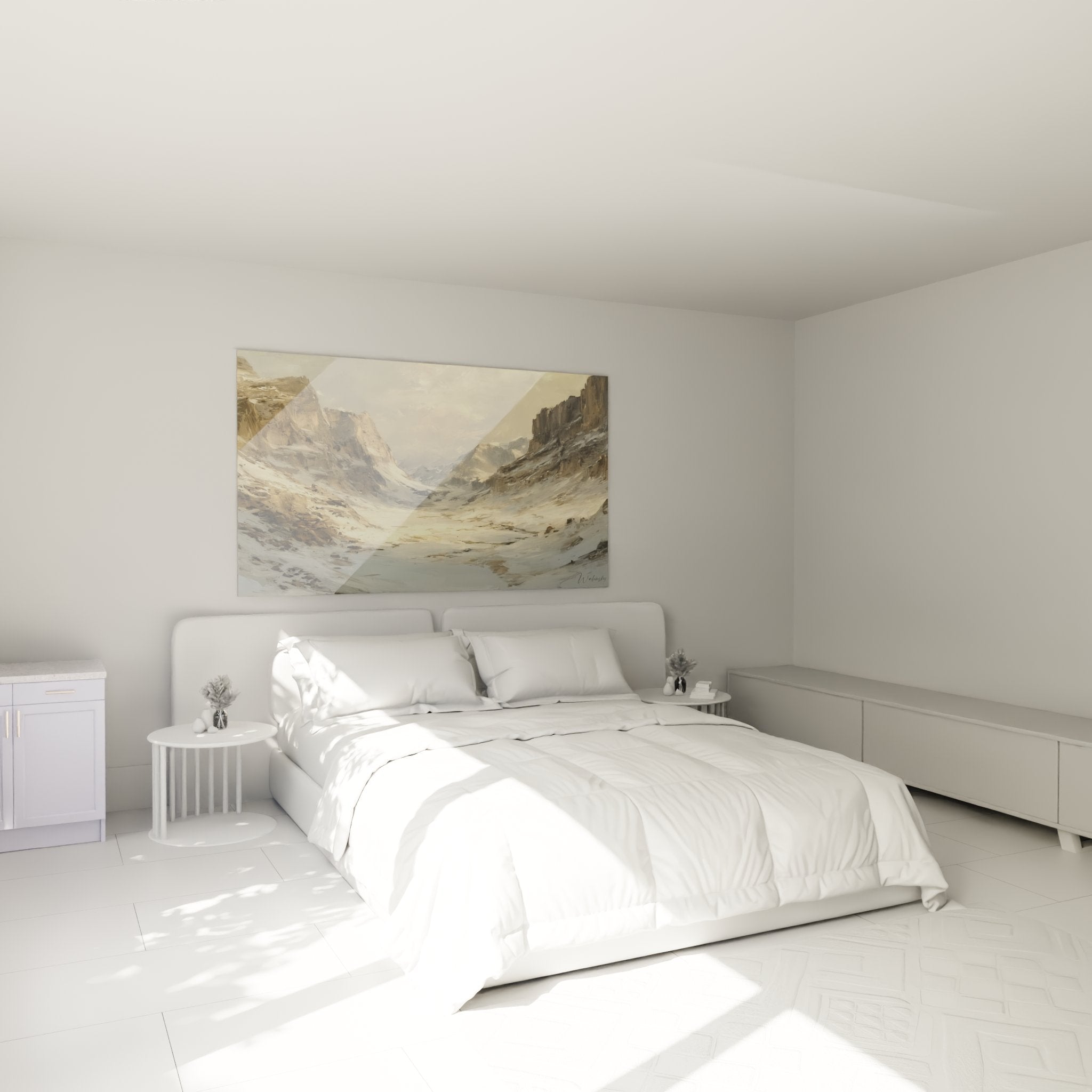 Décoration murale tableau montagne Pyrénées dans chambre - ambiance cosy paysage enneigé hivernal