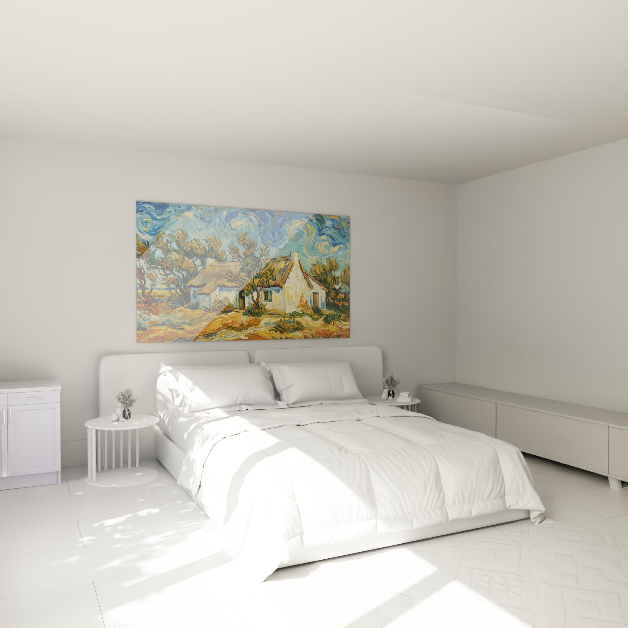 Decoration murale chambre avec tableau maisons rurales françaises style Van Gogh couleurs vives