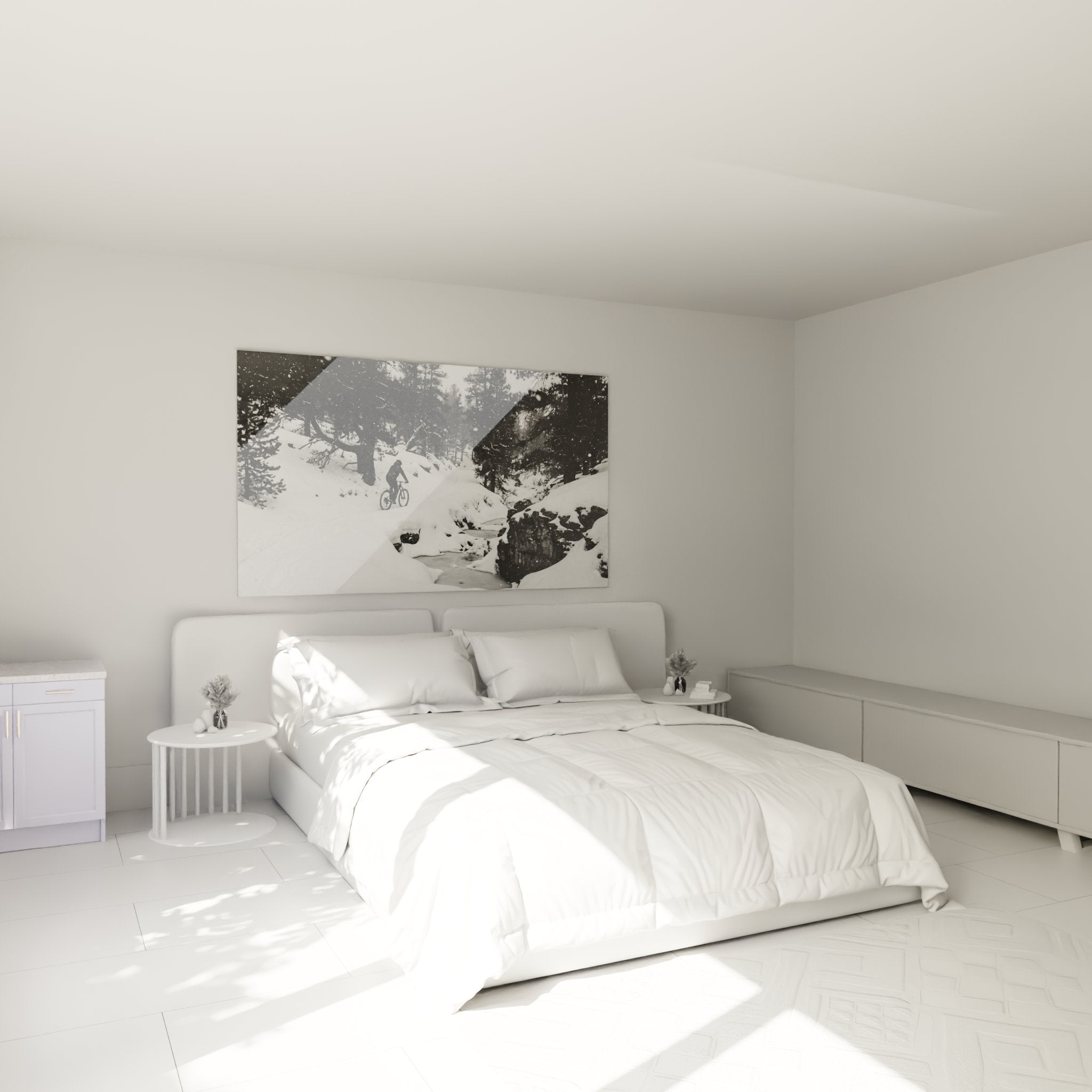 Tableau VTT hiver cycliste neige decore chambre moderne avec cadre noir et blanc style montagne